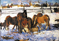 Рыжие лошадки. 1991 г., к.м., 48,5х70, Дальневосточный художественный музей.