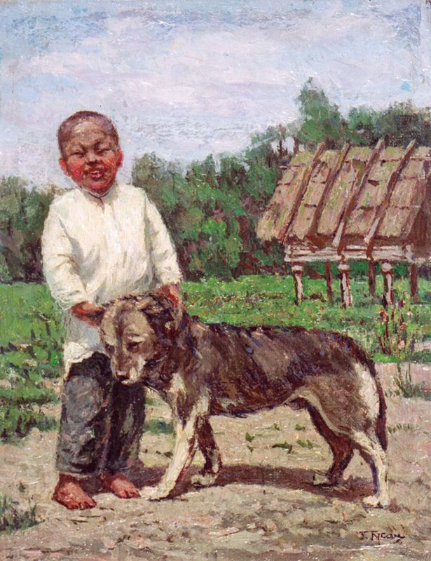 Нанайский мальчик с собакой. 1937. Холст, масло. ДВХМ (Хабаровск)